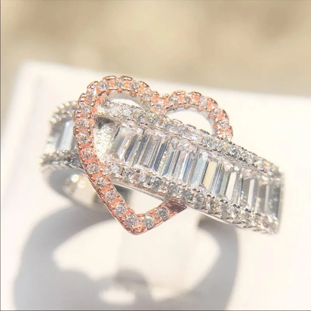 New Luxury 925 Silver 2 Tone Heart Engagement Ring - Picture 3 of 4